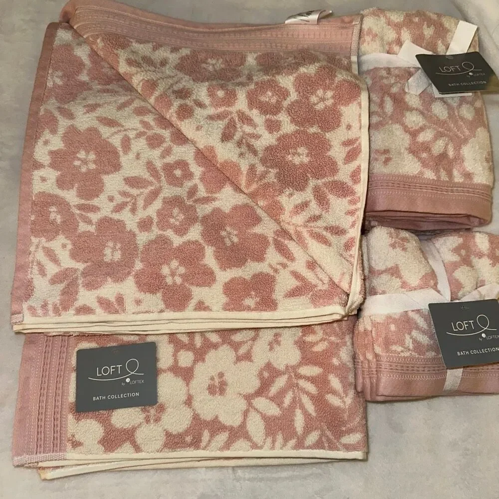 LOFT Home Bath Collection Set Light Pink and Cream Floral Pattern 8 Pieces NWT